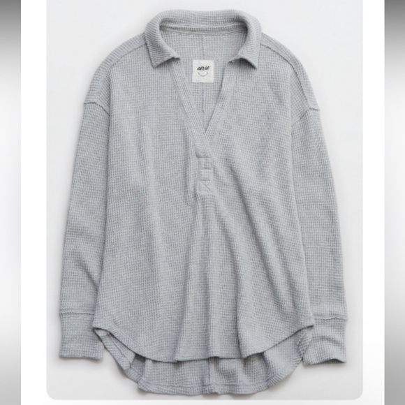 NWT AERIE LUMBERJANE WAFFLE POLO SWEATSHIRT Heather Gray XL - Picture 1 of 4